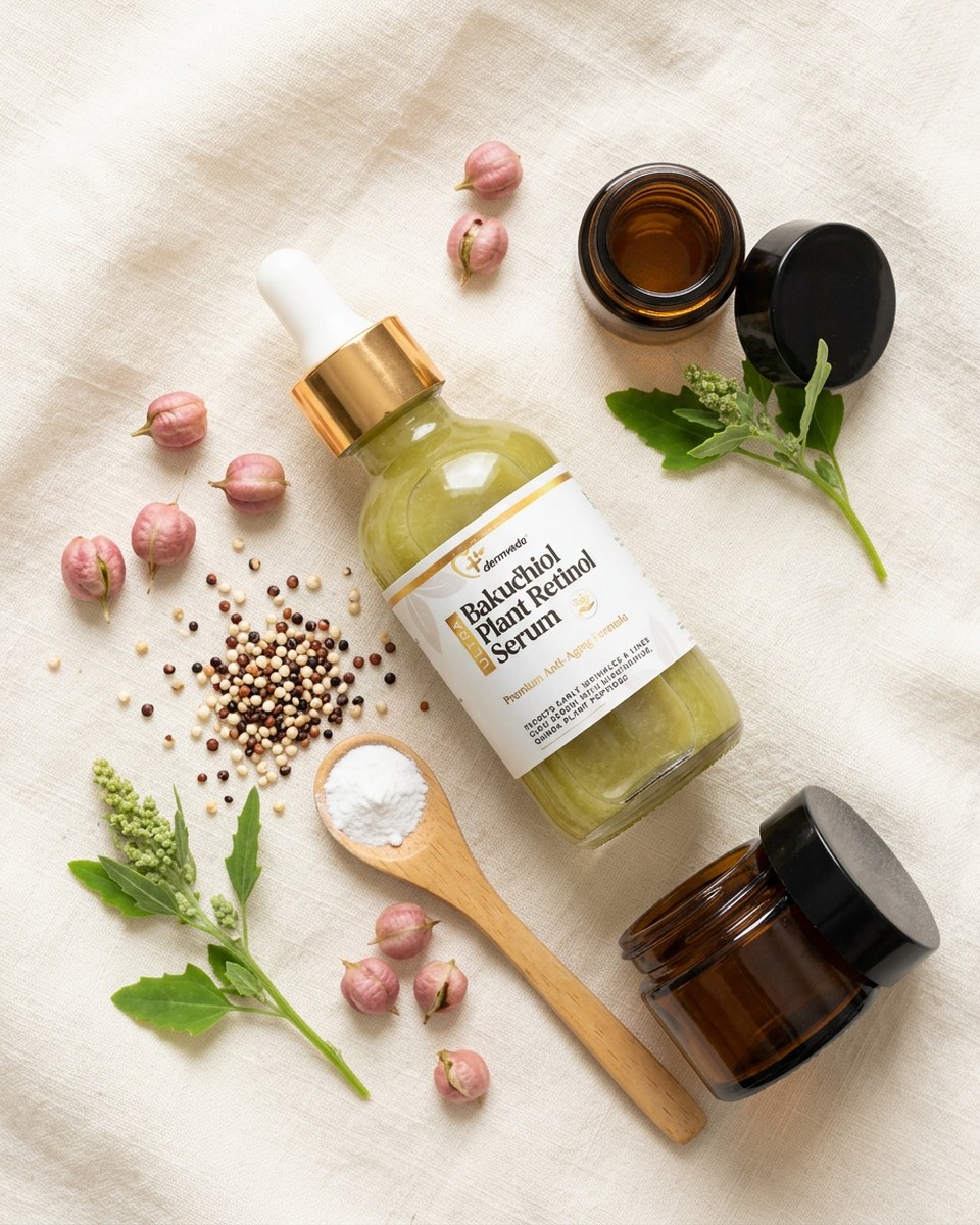 Bakuchiol Face Serum flat lay with quinoa, babchi seeds and botanical extracts