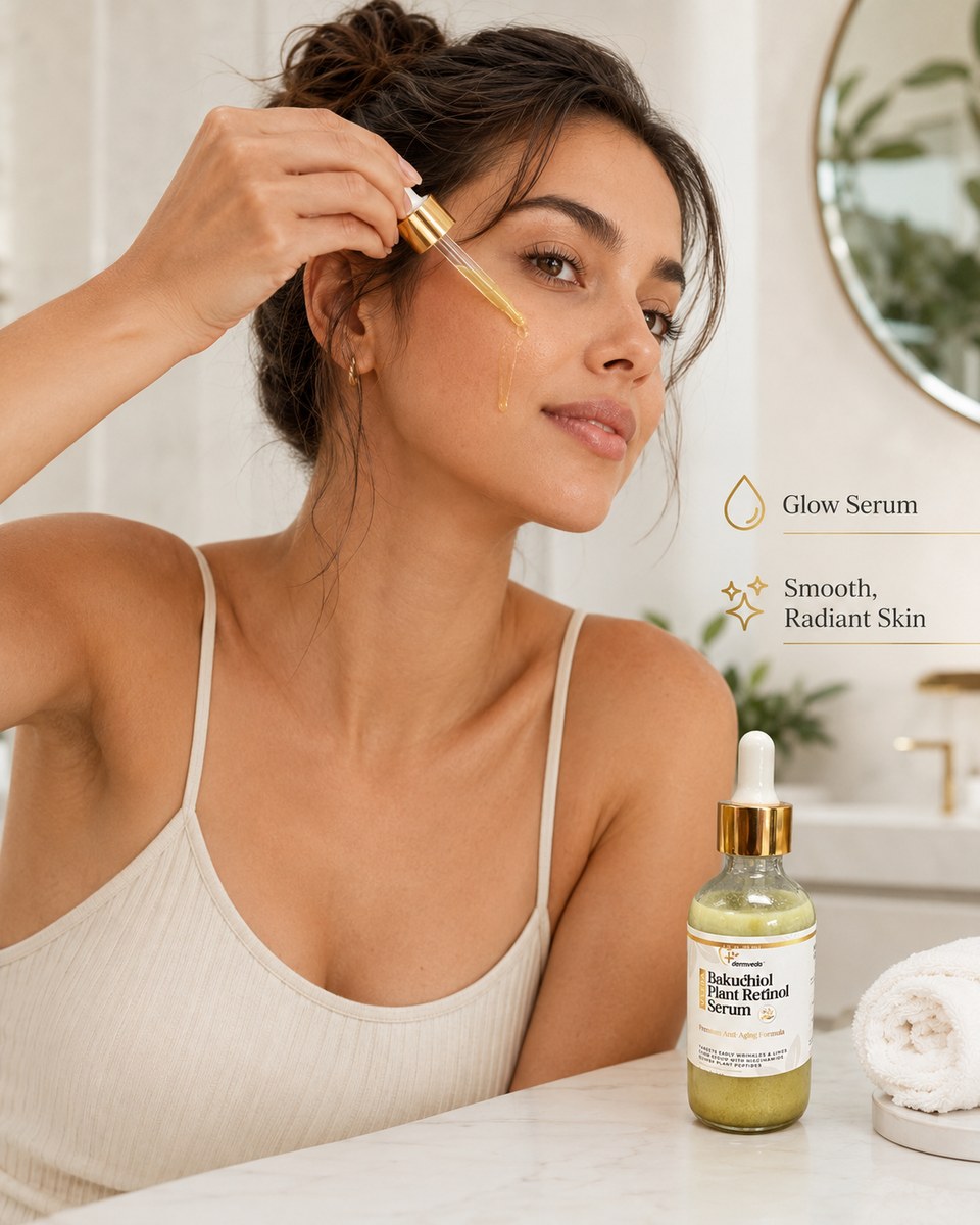 Woman applying Dermveda Bakuchiol Plant Retinol Serum to her face