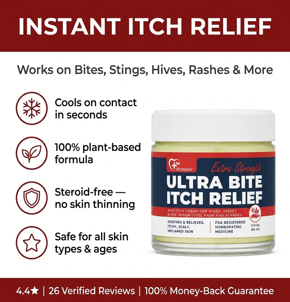 Instant itch relief — cools on contact, 100% plant-based, steroid-free, safe for all skin types and ages (4.4★, 26 verified reviews)