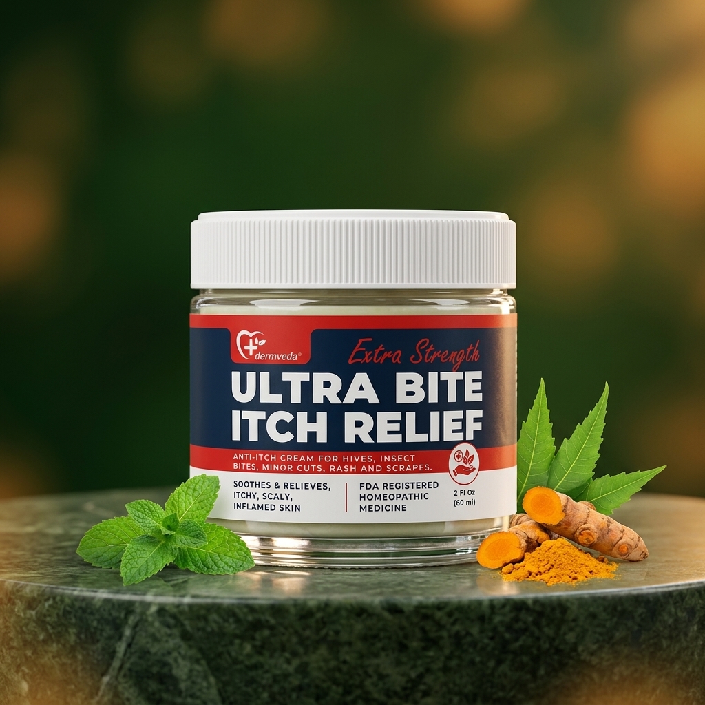 Dermveda Extra Strength Ultra Bite Itch Relief 2 fl oz jar — plant-based anti-itch cream with turmeric, peppermint and neem for mosquito bites, stings and hives