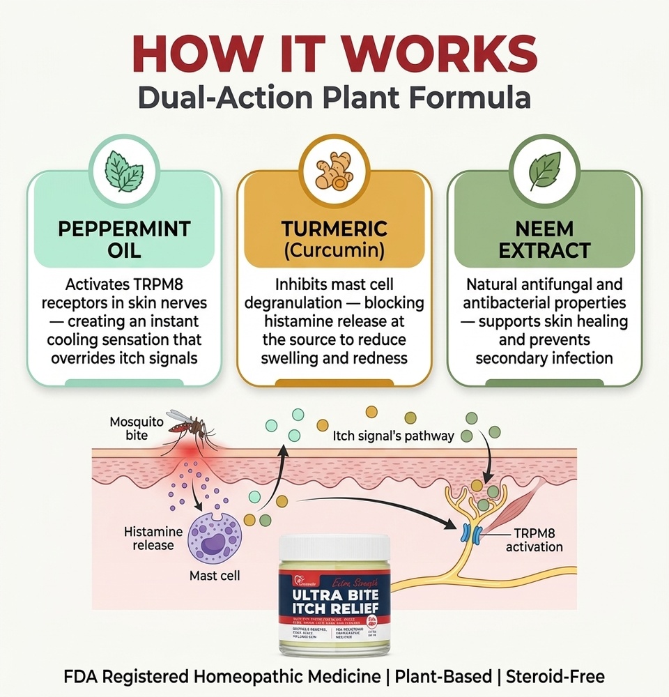 How Ultra Bite Itch Relief works — peppermint TRPM8 cooling, turmeric curcumin blocks histamine, neem prevents secondary infection