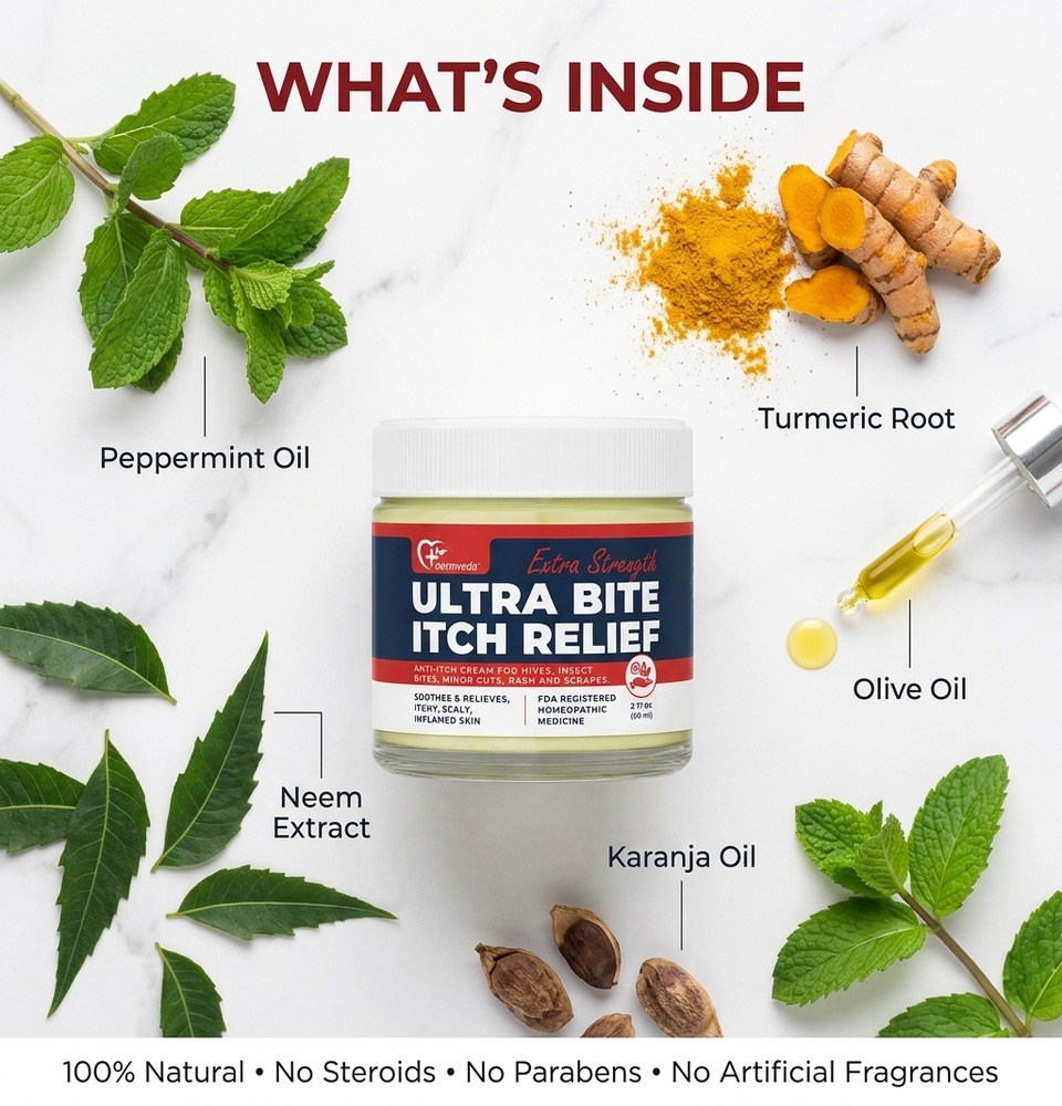 What's inside Ultra Bite Itch Relief — peppermint oil, turmeric root, neem extract, olive oil and karanja oil; no steroids, parabens or fragrance