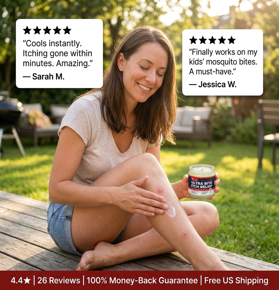 Mom using Dermveda Ultra Bite Itch Relief on mosquito bites outdoors — cools instantly, kid-safe relief in seconds