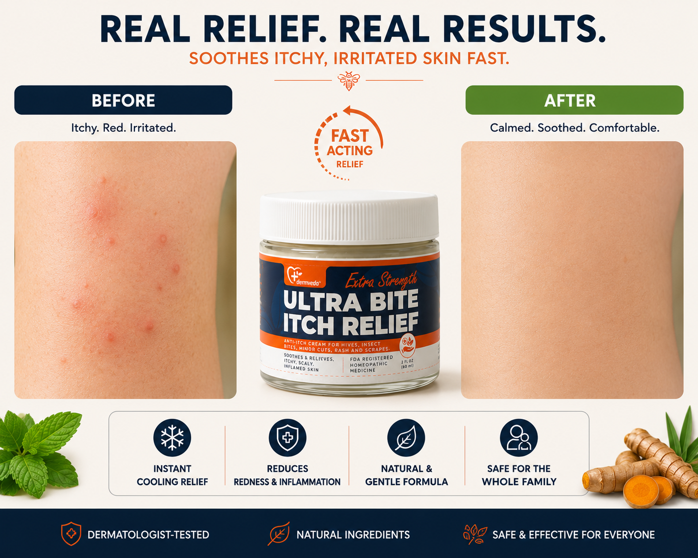 Before and after — Dermveda Ultra Bite Itch Relief on irritated, bitten skin