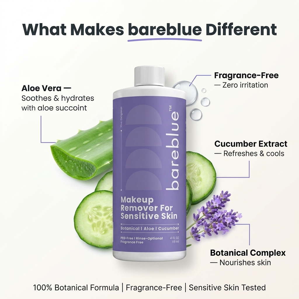 Bareblue sensitive skin makeup remover botanical ingredients and fragrance-free formula