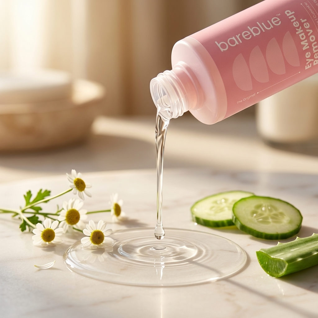 Bareblue natural oil-free eye makeup remover pouring beside cucumber, aloe vera and chamomile