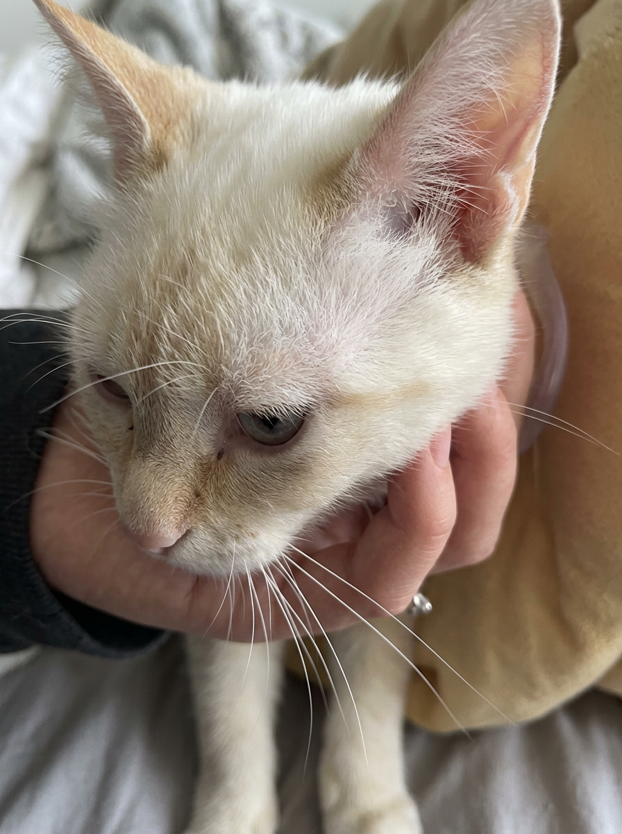 Same golden tabby cat with calm, healed skin and soft regrown fur