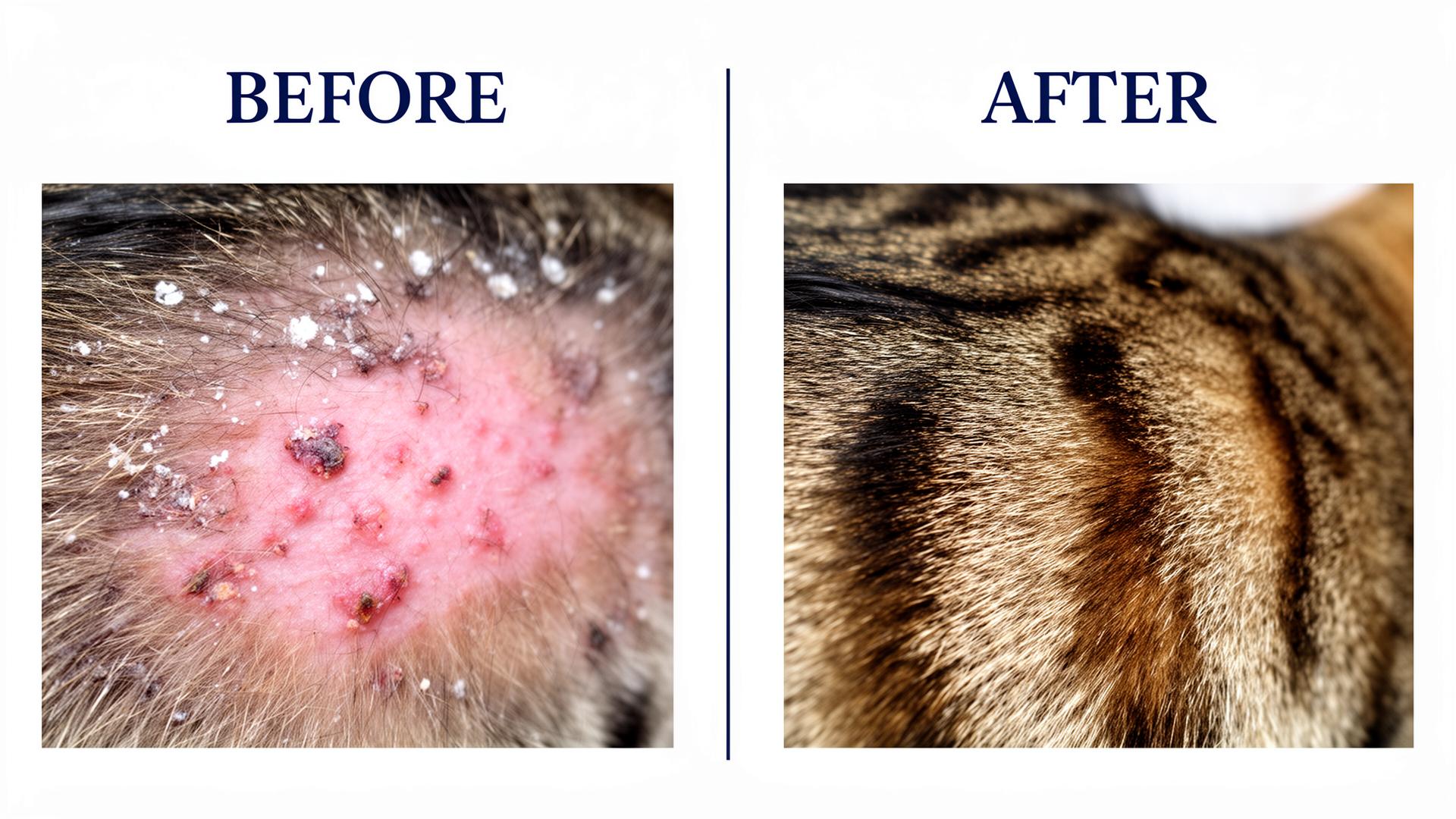 Before and after: inflamed flaky cat skin restored to healthy fur