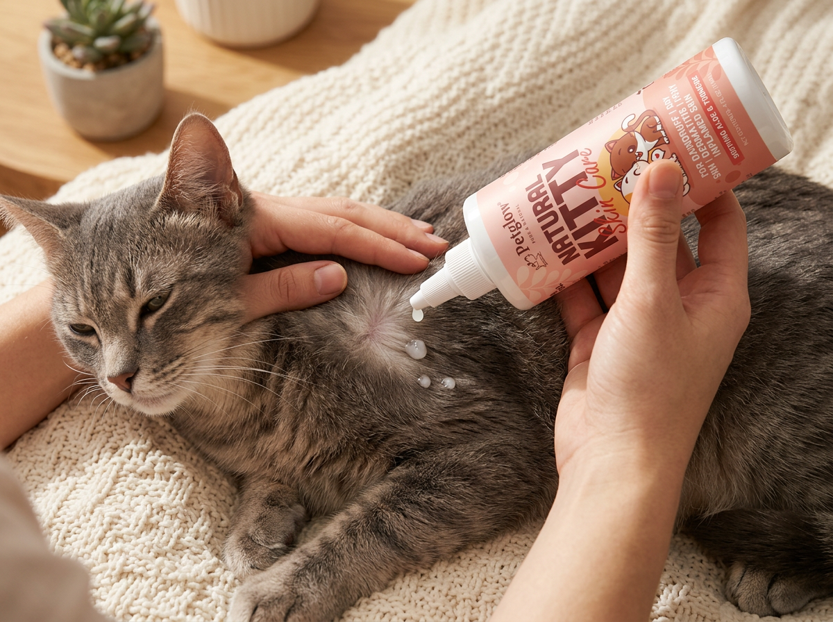 Lotion being gently massaged into a cat's fur with a fingertip