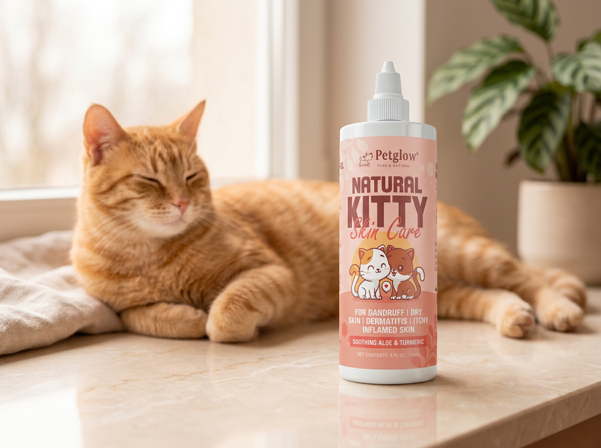 PetGlow Kitty Skin Lotion bottle beside a calm ginger tabby cat