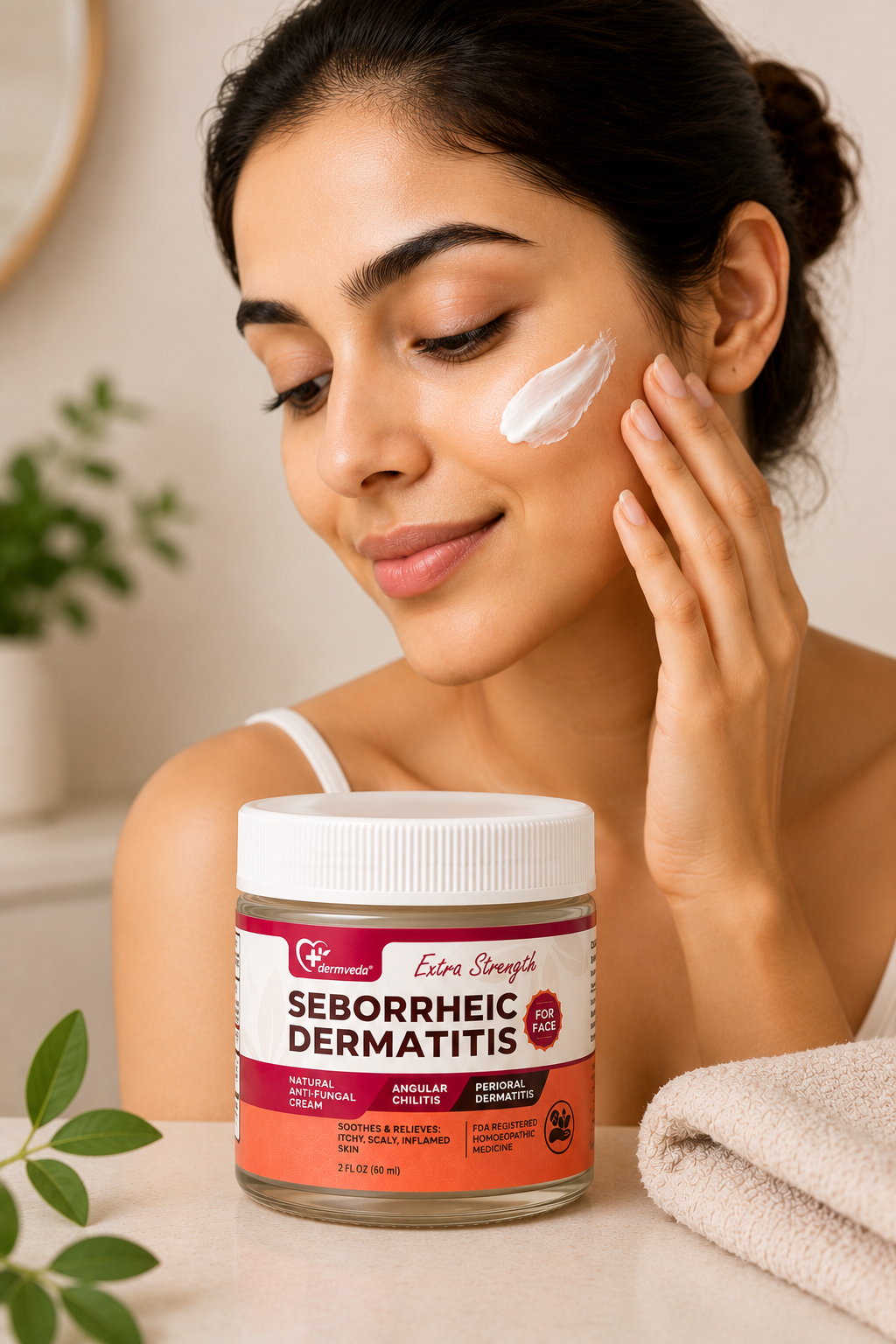 Dermveda Cream applied gently to the face — calm relief without harsh prescription antifungals or steroids