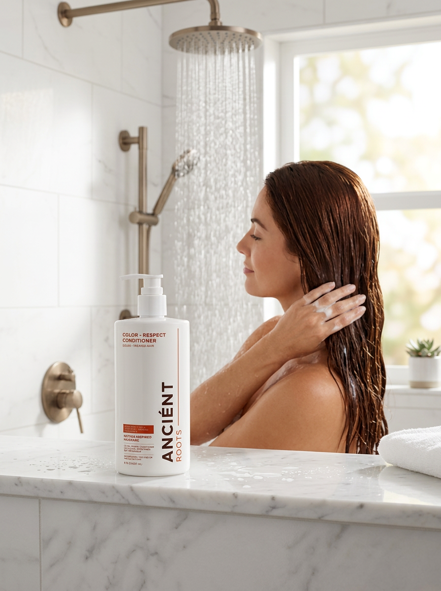 Woman applying Ancient Roots Color-Respect Conditioner in the shower — silicone-free color care for dyed or highlighted hair