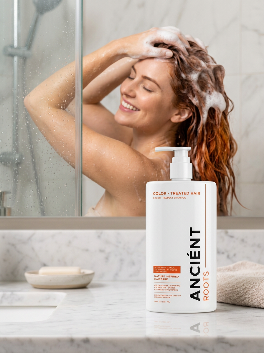 Woman washing color-treated hair in the shower with Ancient Roots Color-Respect Shampoo — sulfate-free, silicone-free daily color care