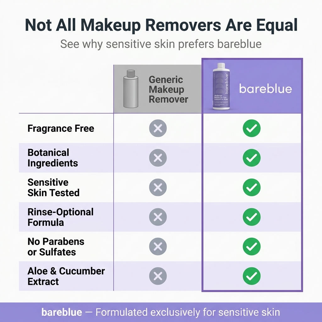Bareblue sensitive skin makeup remover compared with generic makeup removers