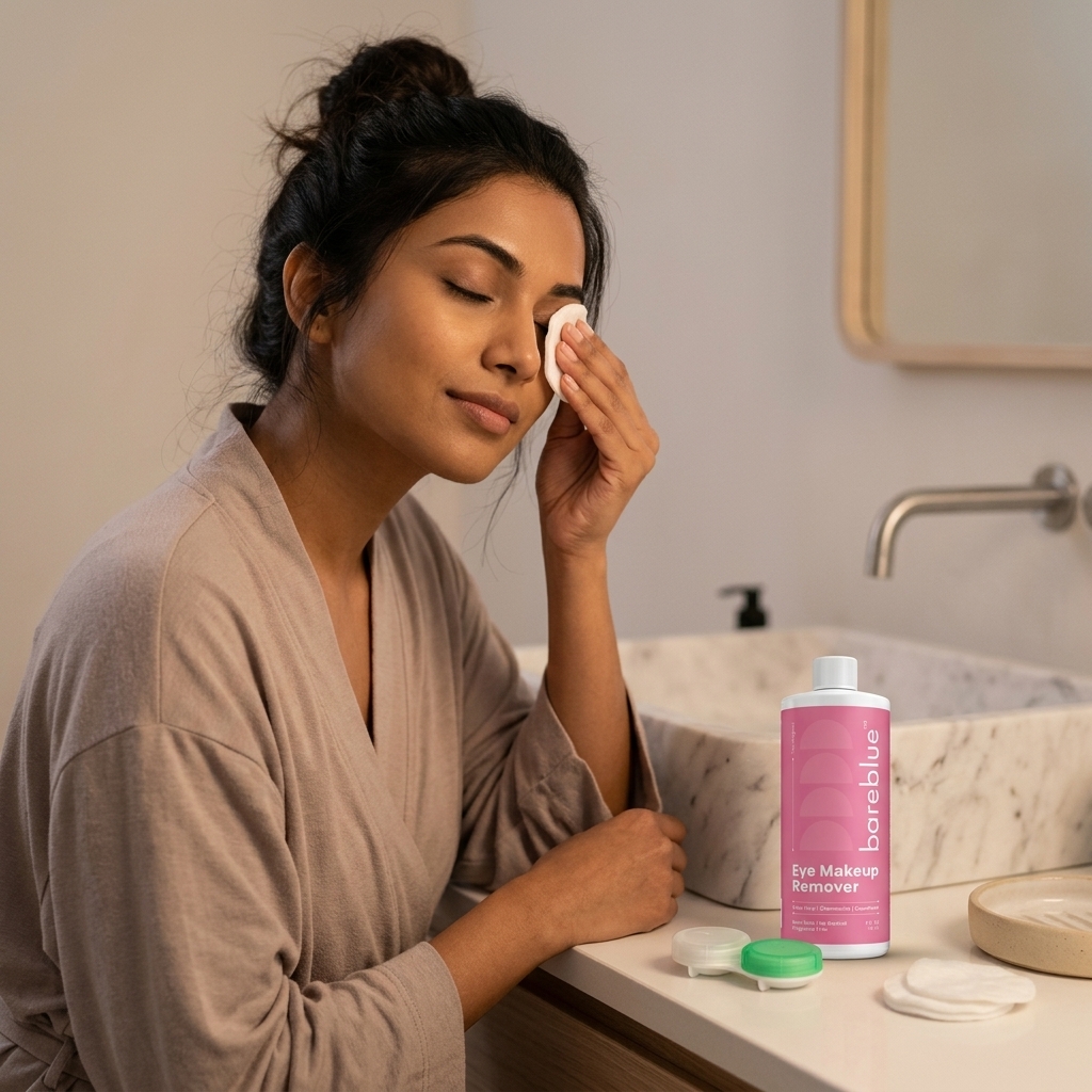 Contact lens wearer using Bareblue contact-lens-friendly eye makeup remover
