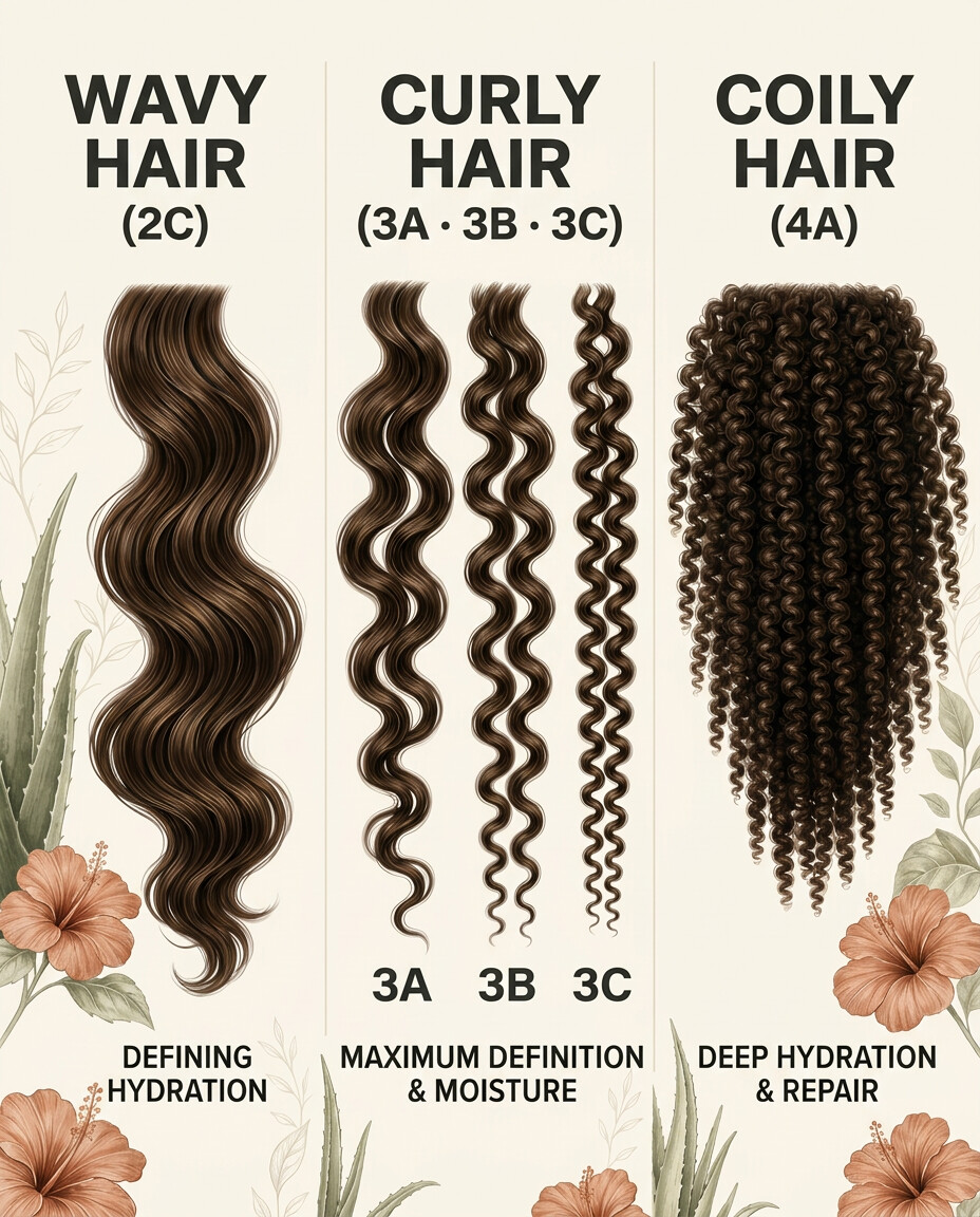 Curl pattern chart comparing wavy hair 2c, curly hair 3a 3b 3c and coily hair 4a