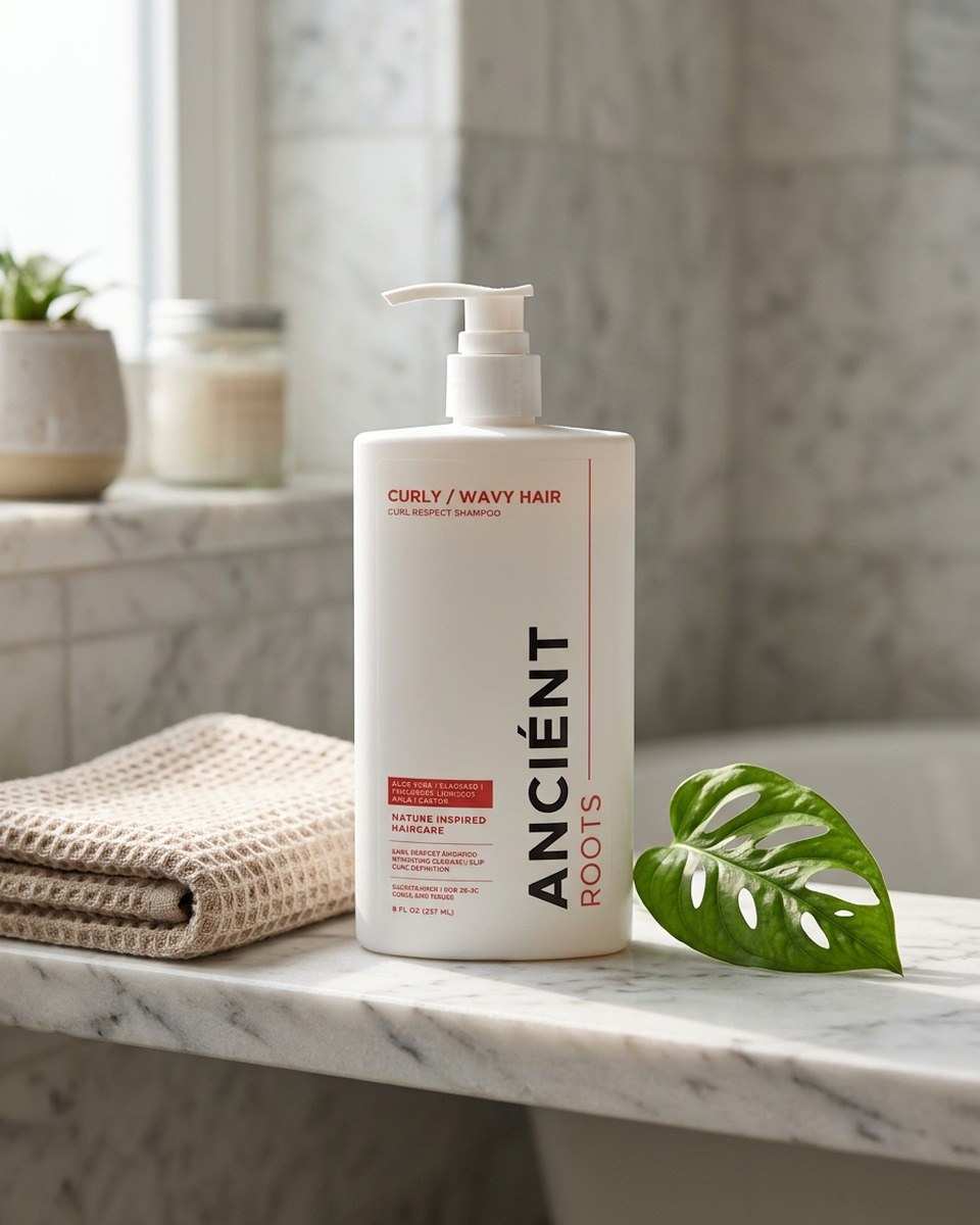 Ancient Roots Curly / Wavy Hair Shampoo on a marble bathroom counter