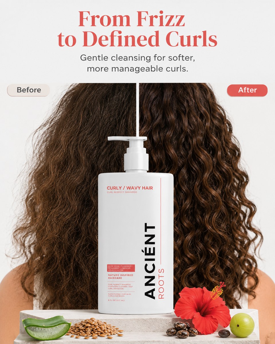 Before and after — from frizz to defined, soft curls with Ancient Roots Curly Hair Shampoo