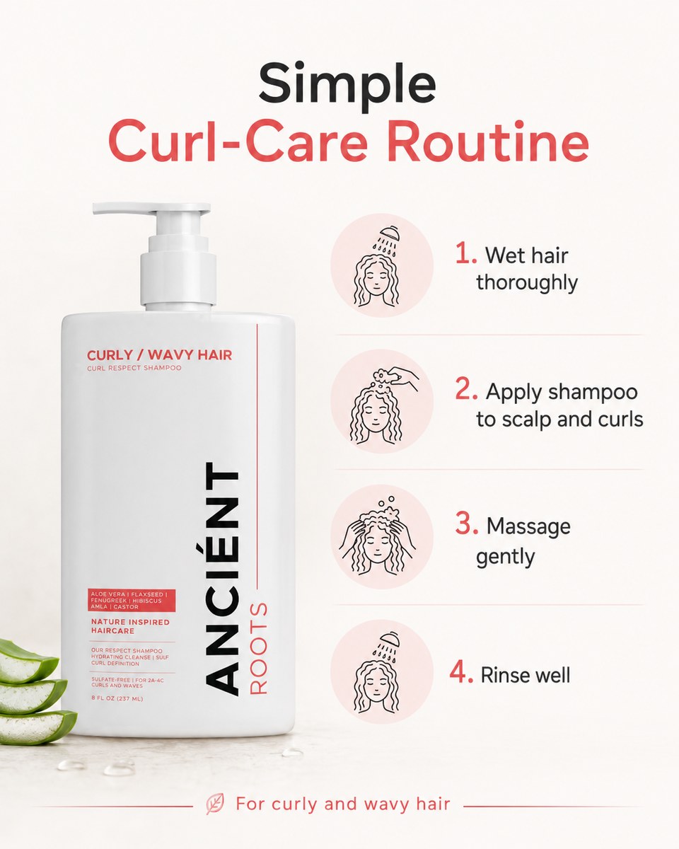 Simple curl-care routine — how to use Ancient Roots Curly / Wavy Hair Shampoo