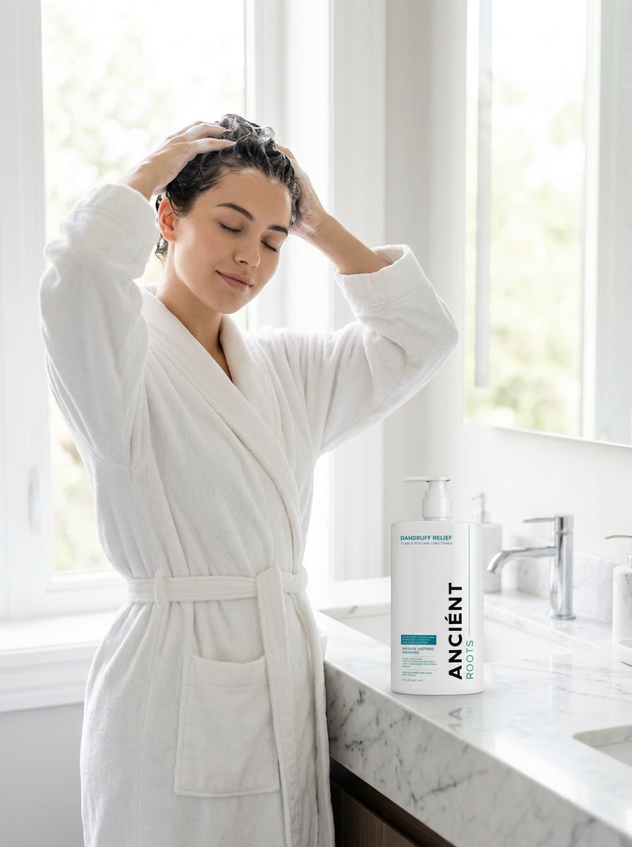 Woman in a white robe applying Ancient Roots Dandruff Relief Conditioner in a bright bathroom — flake-calming, silicone-free scalp care