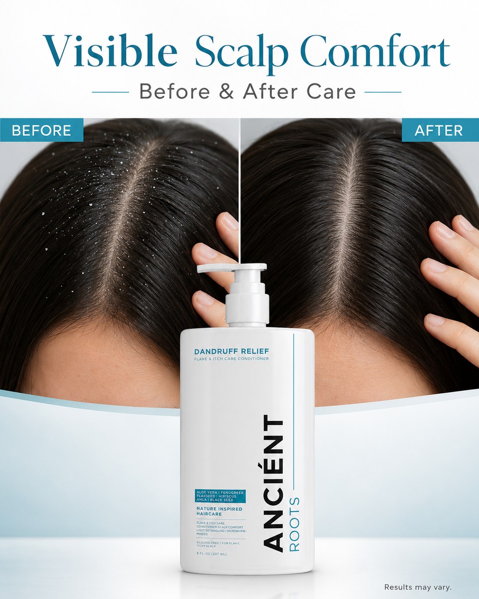 Before and after — visible reduction in scalp flaking with Ancient Roots Dandruff Relief Conditioner