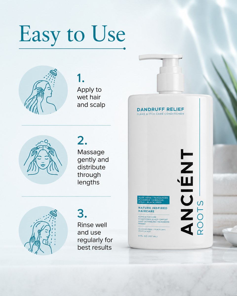 How to use Ancient Roots Dandruff Relief Conditioner — apply, massage, rinse