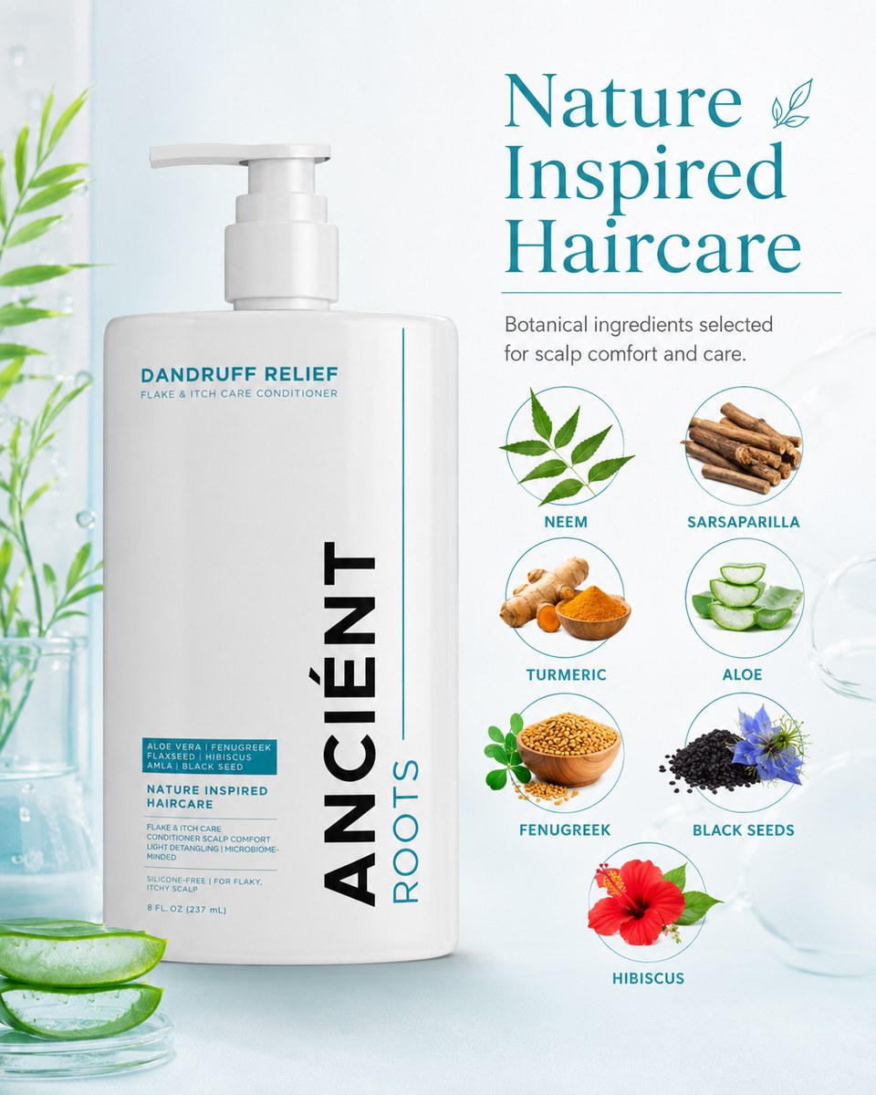 Ancient Roots dandruff conditioner ingredients — neem, sarsaparilla, turmeric, aloe, fenugreek, black seed, hibiscus