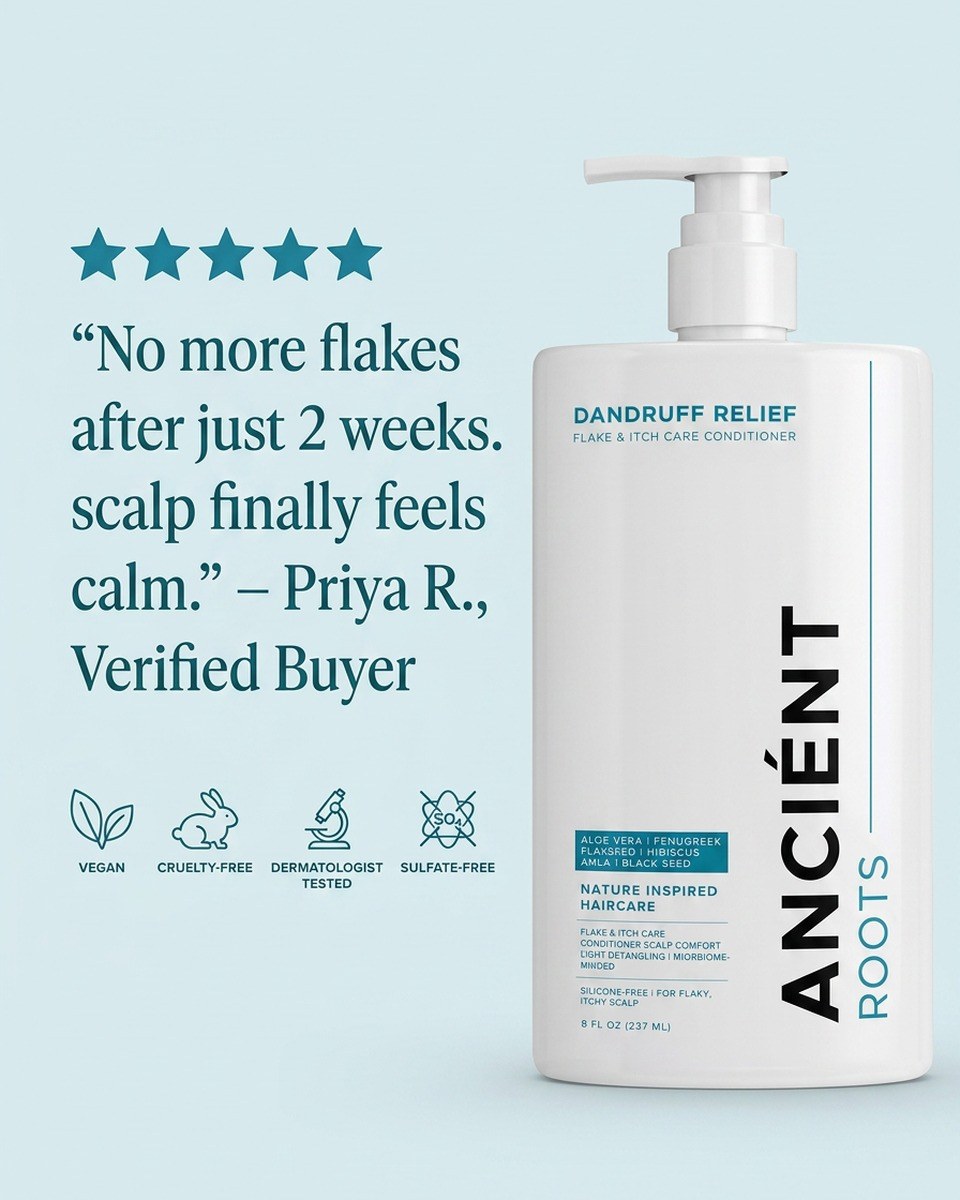 5-star verified buyer review of Ancient Roots Dandruff Relief Conditioner — vegan, cruelty-free, dermatologist tested, sulfate-free