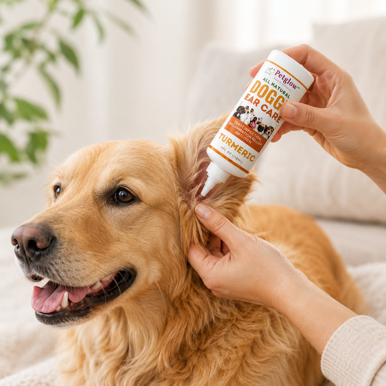 Dog parent gently applying Doggy Ear Care drops to a calm golden retriever