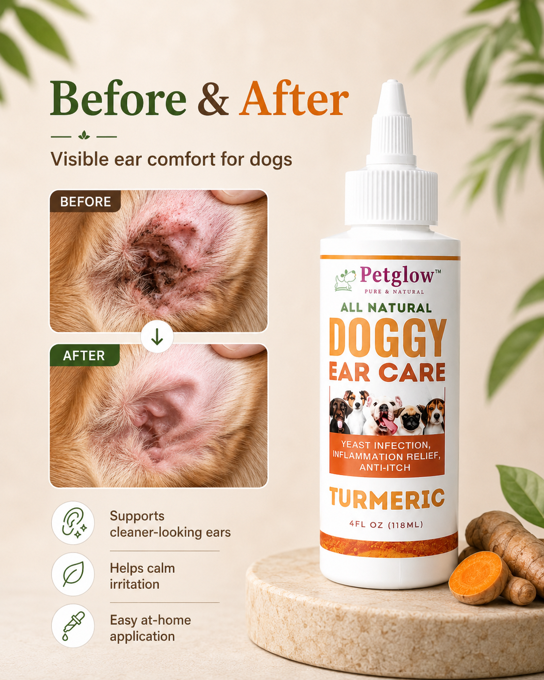 Before & after — visible ear comfort for dogs using PetGlow turmeric ear care