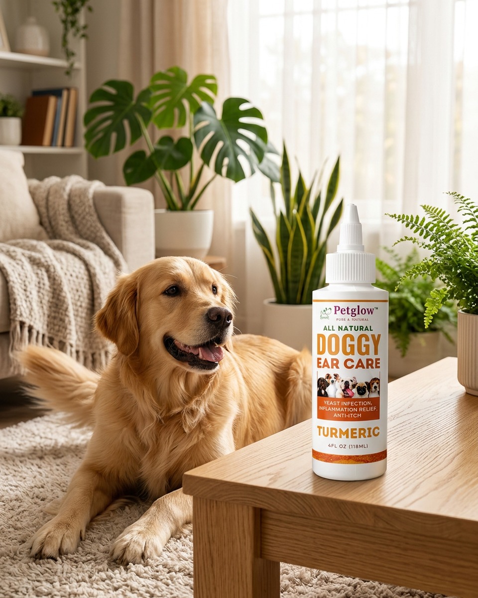 Golden retriever relaxing beside PetGlow Doggy Ear Care bottle in a sunlit living room