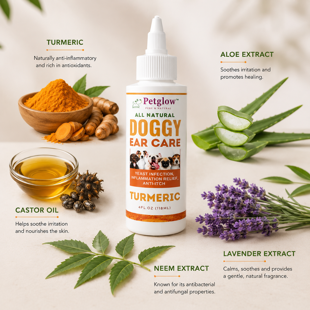 Turmeric, aloe, neem, castor oil and lavender — Doggy Ear Care's botanical actives