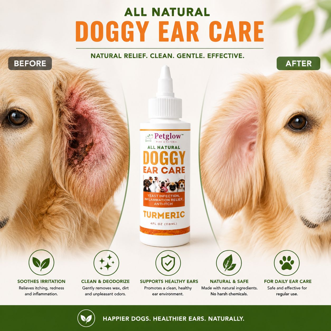 Before and after — red, inflamed dog ear transformed into calm, healthy ear with Natural Doggy Ear Care