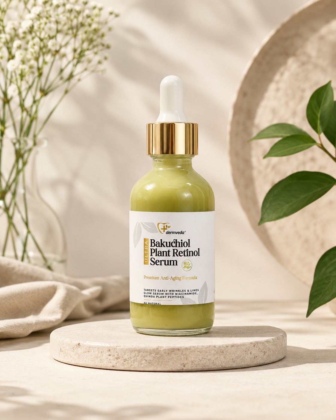 Dermveda Ultra Bakuchiol Plant Retinol Serum bottle with turmeric and quinoa botanicals