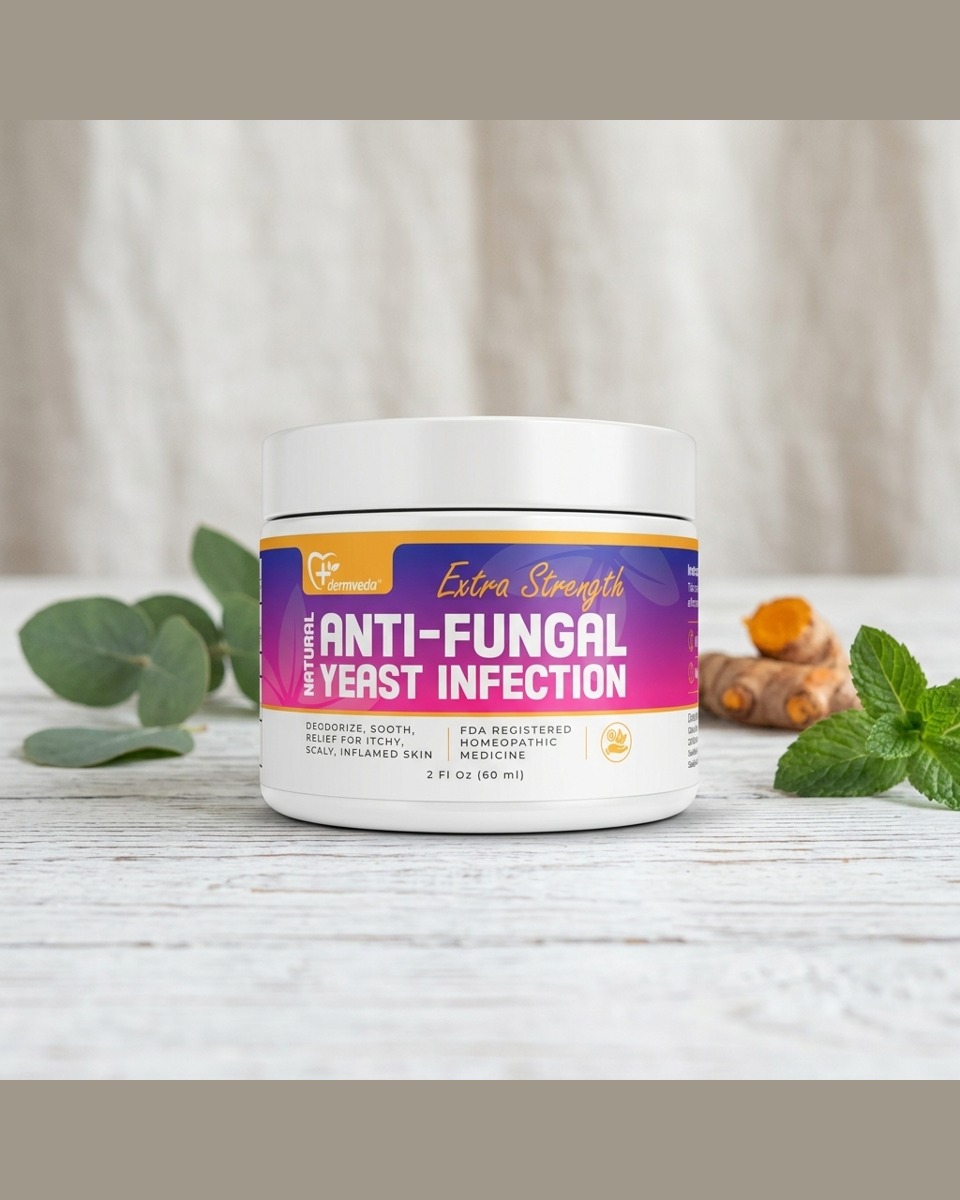 Dermveda Extra Strength Natural Anti-Fungal Yeast Infection Cream 2 fl oz jar with turmeric root and mint leaves — FDA registered homeopathic yeast infection cream for itchy, scaly, inflamed skin