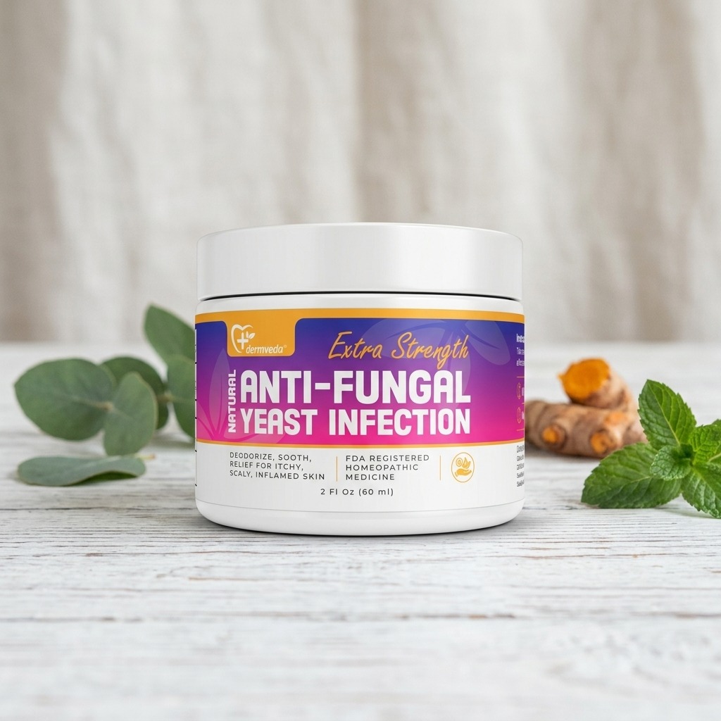 Dermveda Extra Strength Natural Anti-Fungal Yeast Infection Cream 2 fl oz jar with turmeric root and mint leaves — FDA registered homeopathic yeast infection cream for itchy, scaly, inflamed skin