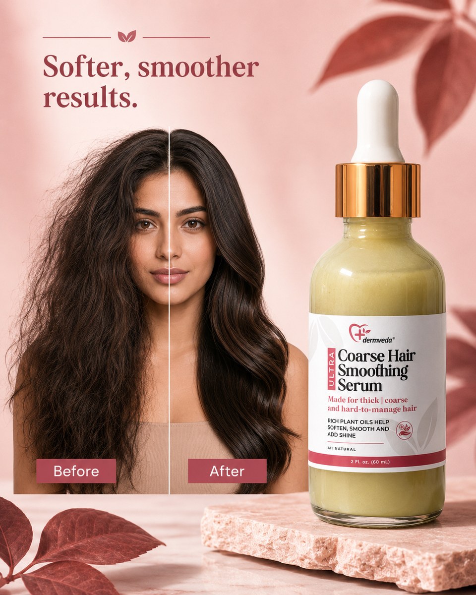 Before and after using Coarse Hair Smoothing Serum — frizzy coarse hair transformed to softer, smoother, shinier results
