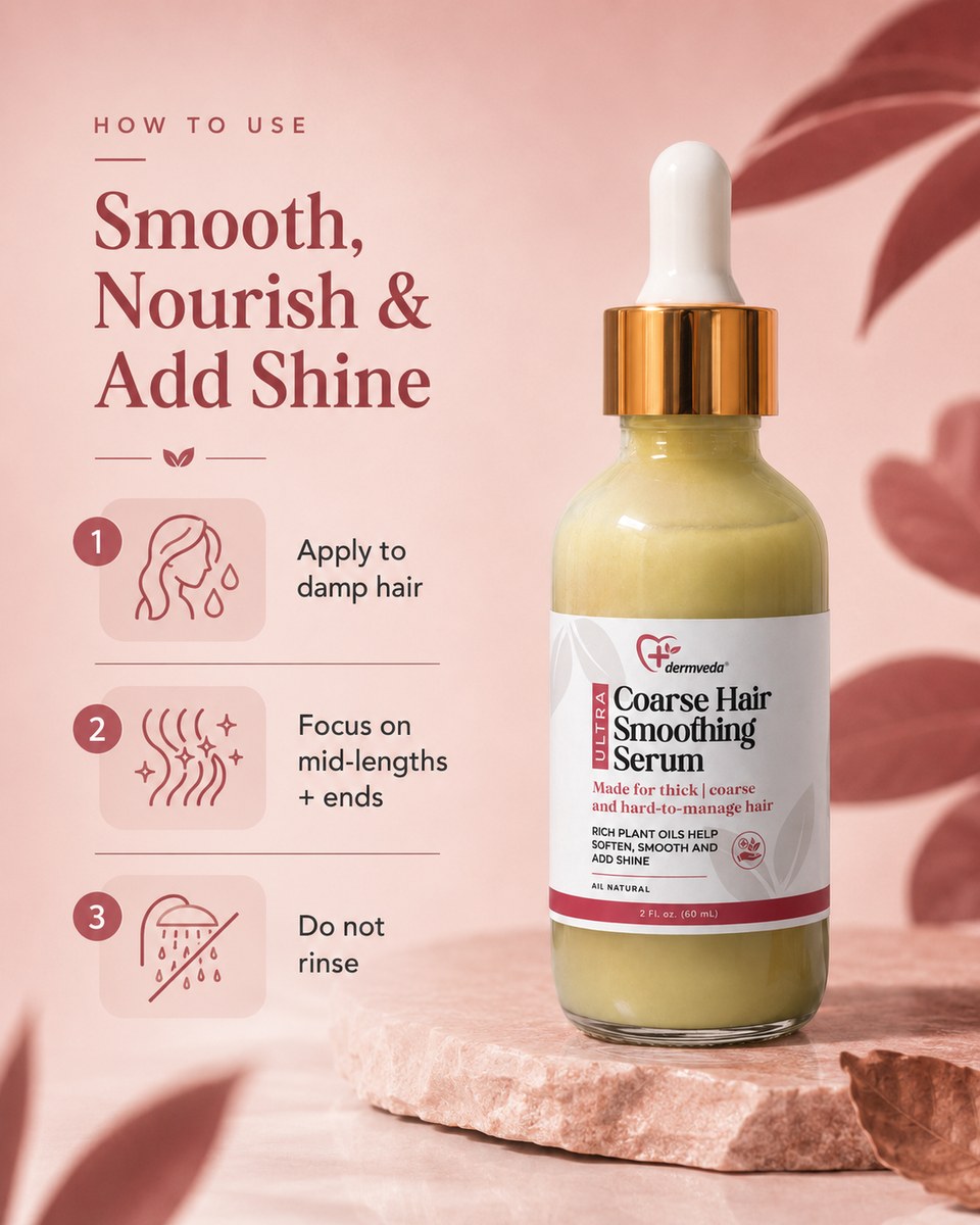 How to use Coarse Hair Smoothing Serum — apply to damp hair, focus on mid-lengths and ends, do not rinse