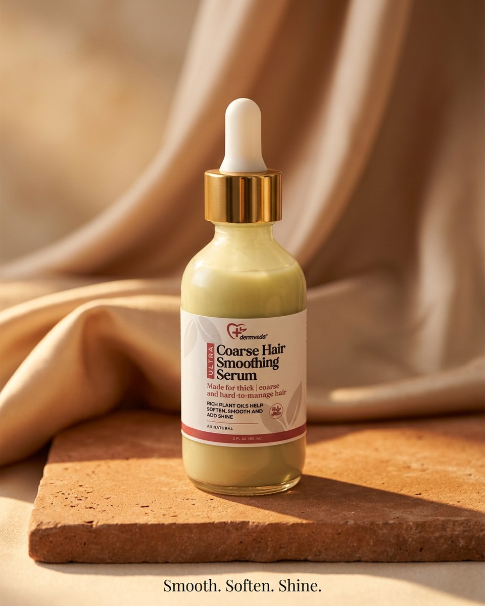 Dermveda Ultra Coarse Hair Smoothing Serum on warm neutral drape — smooth, soften, shine