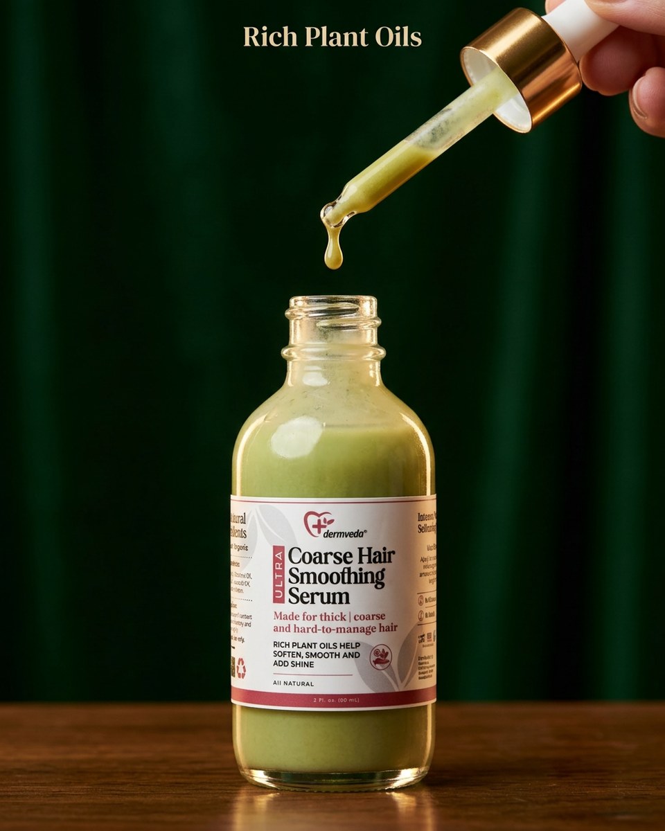 Rich plant oils formula in Coarse Hair Smoothing Serum — golden dropper close-up on natural botanical serum