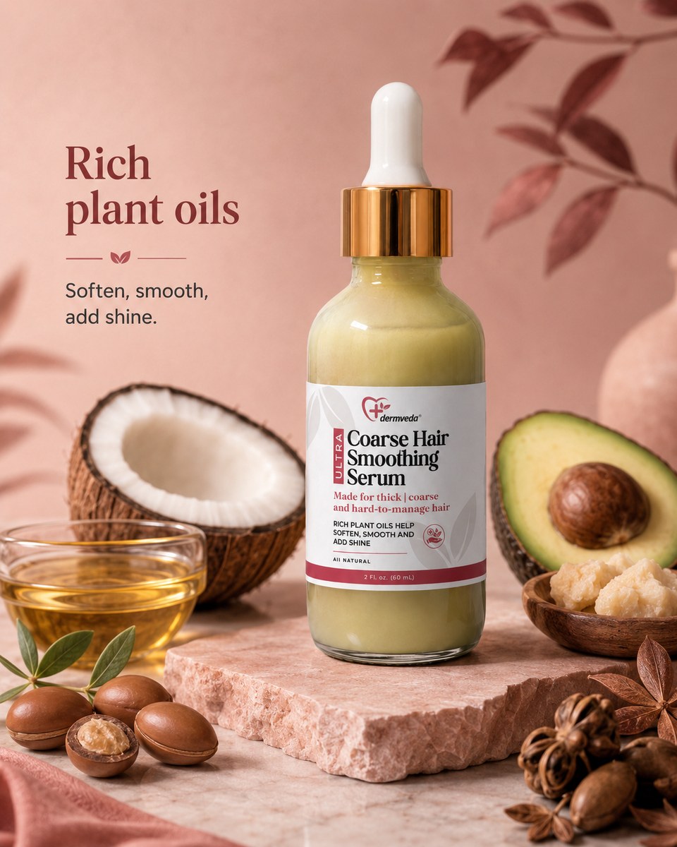 Coarse Hair Smoothing Serum with rich plant oils — argan, coconut, avocado and shea to soften, smooth and add shine