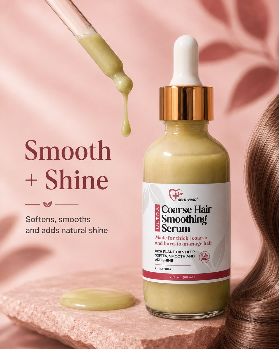 Coarse Hair Smoothing Serum dropper delivering rich plant oils — smooth plus shine for thick, hard-to-manage hair