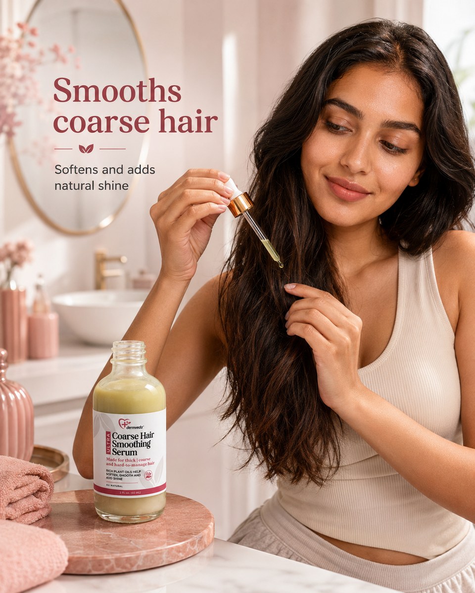 Woman with long thick coarse hair applying Coarse Hair Smoothing Serum with dropper — softens and adds natural shine