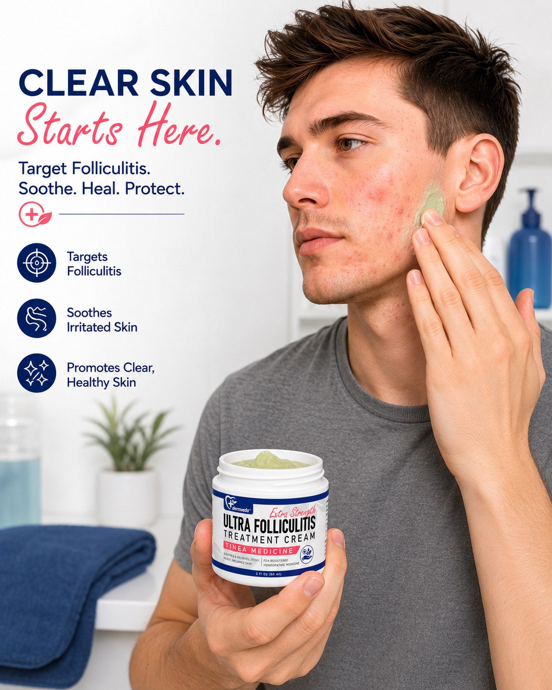 Dermveda Ultra Folliculitis Treatment Cream jar held up beside clear, calm skin after treating folliculitis bumps