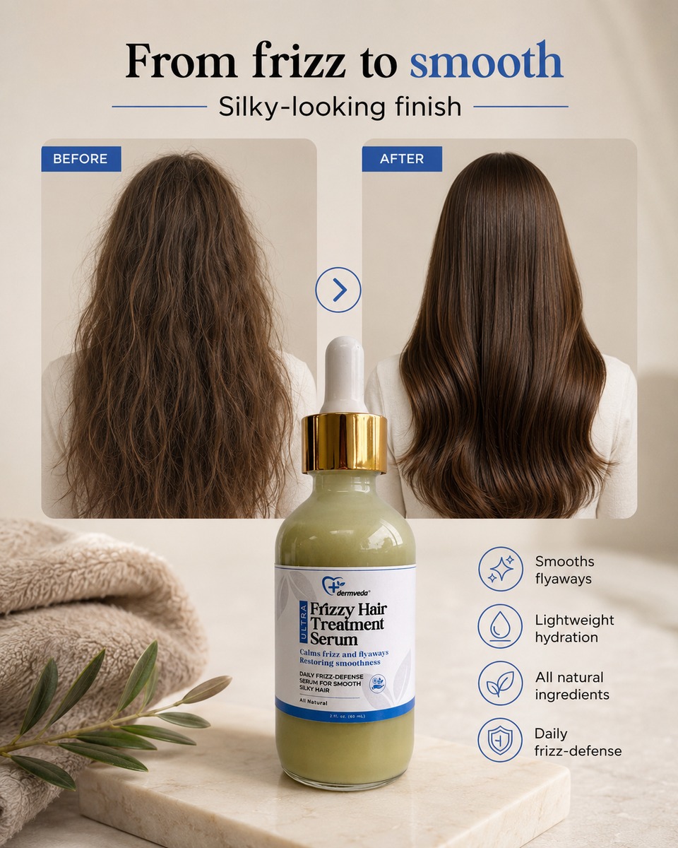 Before and after using Dermveda Ultra Frizzy Hair Treatment Serum for smoother, less frizzy hair