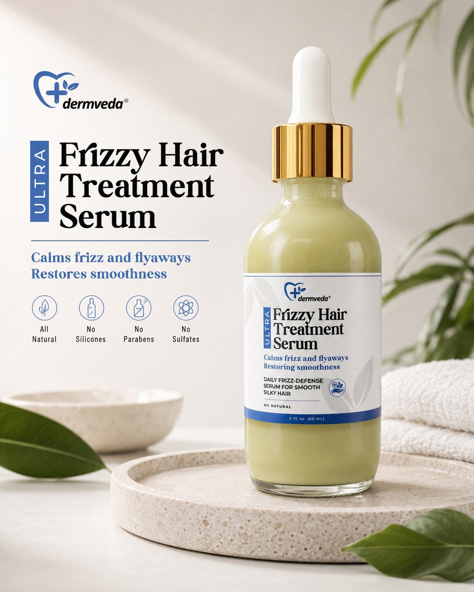 Frizzy Hair Treatment Serum benefits — calms frizz and flyaways, restores smoothness, silicone-free