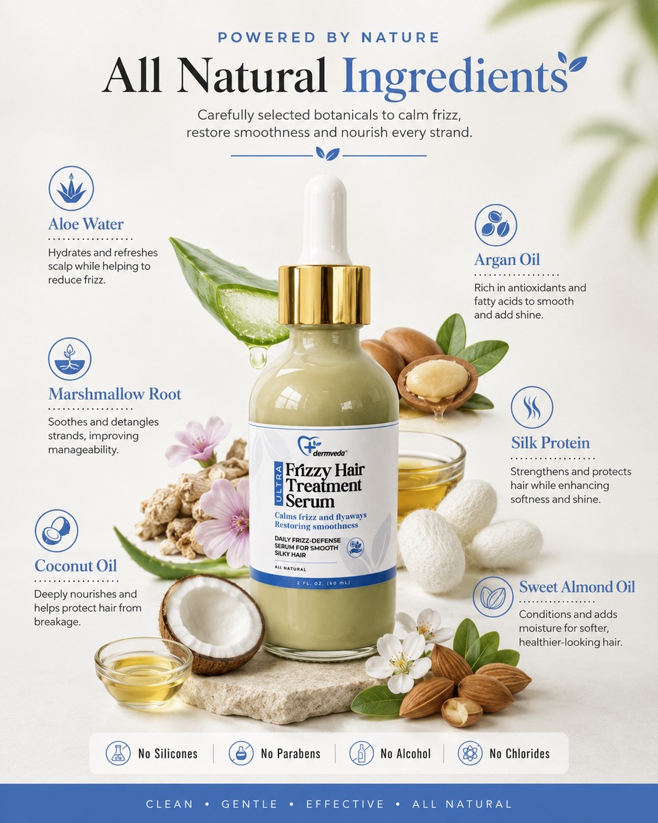 Frizzy Hair Treatment Serum natural ingredients — aloe water, marshmallow root, coconut oil, argan oil, silk protein and sweet almond oil