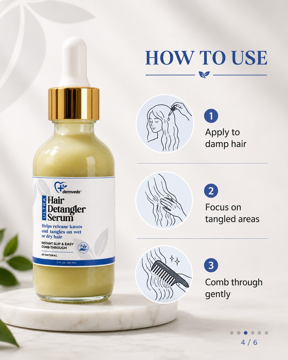 How to use Hair Detangler Serum — apply to damp hair, focus on tangled areas, comb through gently