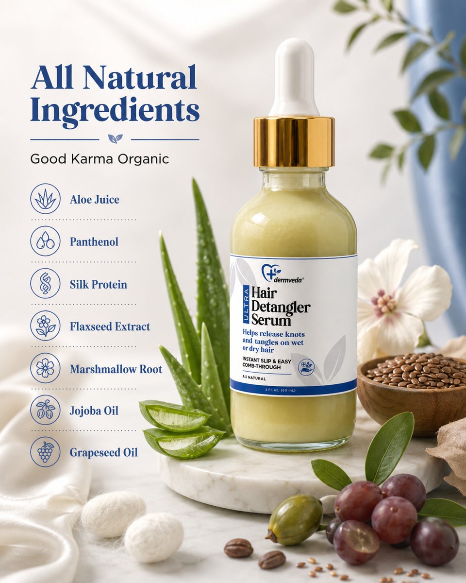 Hair Detangler Serum natural ingredients — aloe juice, panthenol, silk protein, flaxseed, marshmallow root, jojoba oil, grapeseed oil