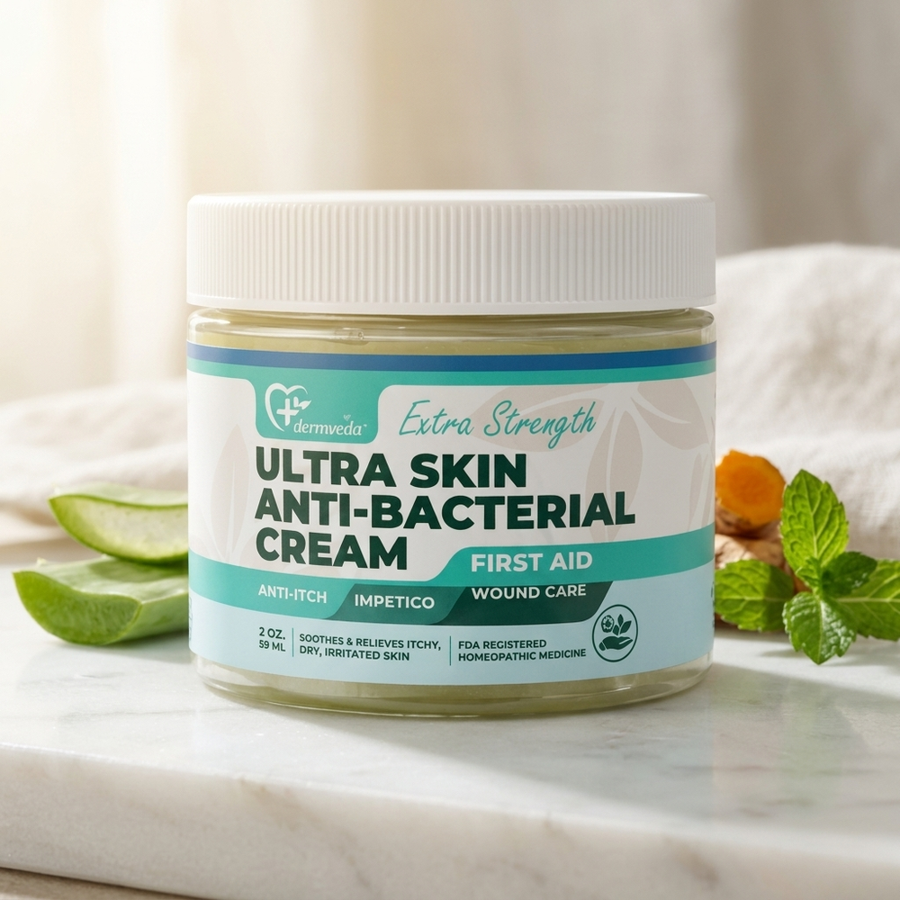 Dermveda Extra Strength Ultra Skin Anti-Bacterial Cream 2 oz jar with aloe, turmeric and mint